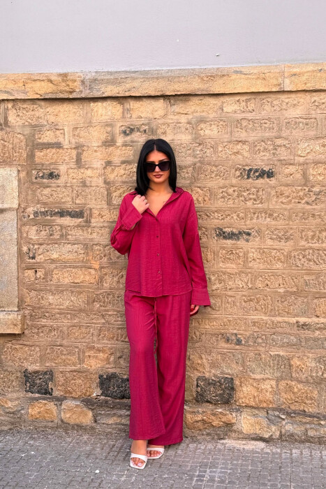 SET NJE NGJYRESH KEMISHE + PANTALLONA PER FEMRA NE NGJYRE VISHNJE - KLAUDIO FASHION