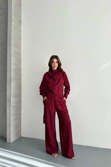 SET NJE NGJYRESH KEMISHE + PANTALLONA PER FEMRA NE NGJYRE VISHNJE - KLAUDIO FASHION