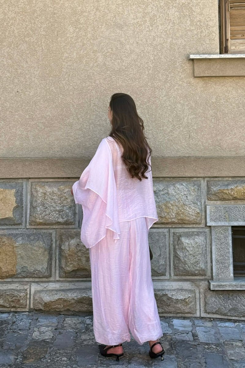 SET NJE NGJYRESH KEMISHE + PANTALLONA TE GJERA PER FEMRA NE NGJYRE ROZE - 2