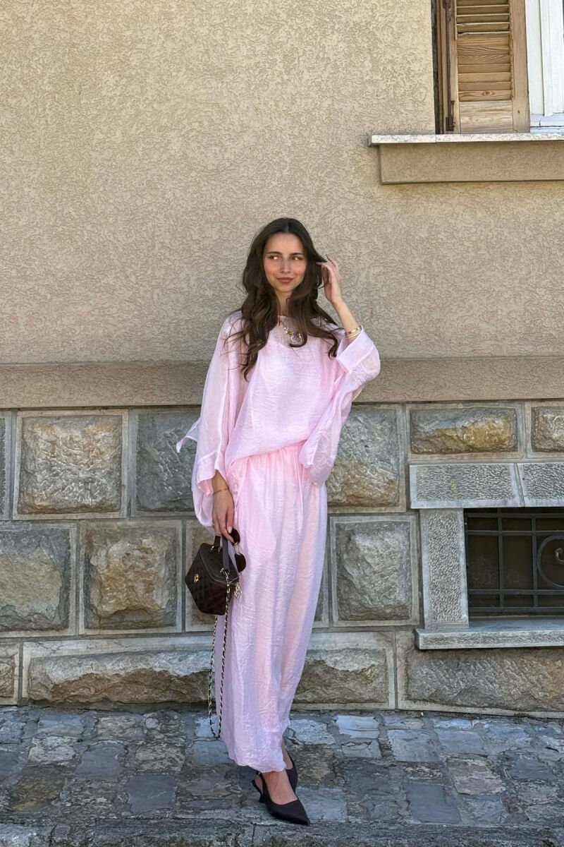 SET NJE NGJYRESH KEMISHE + PANTALLONA TE GJERA PER FEMRA NE NGJYRE ROZE - 3