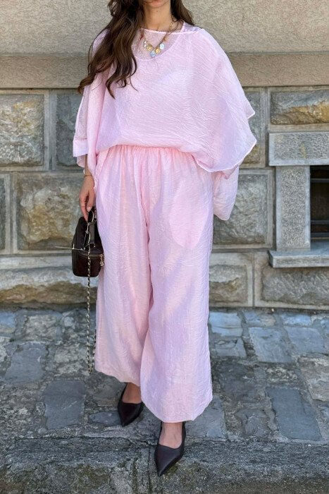 SET NJE NGJYRESH KEMISHE + PANTALLONA TE GJERA PER FEMRA NE NGJYRE ROZE - 5