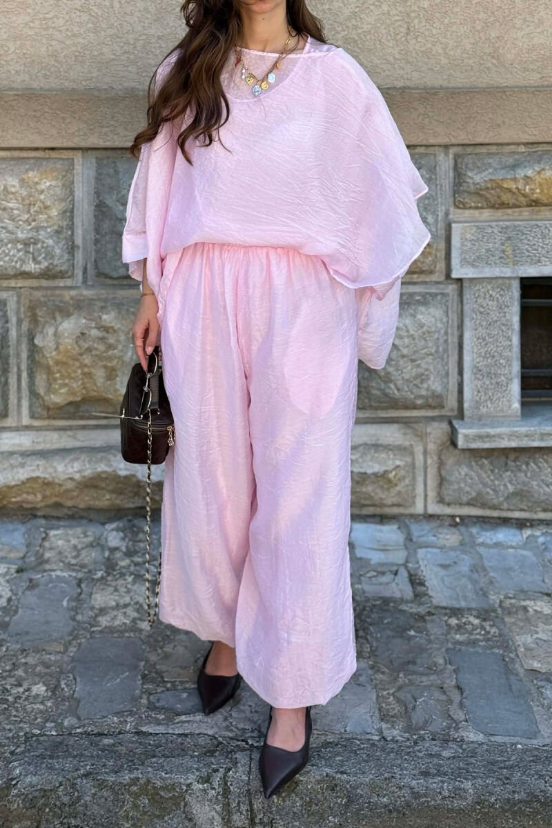 SET NJE NGJYRESH KEMISHE + PANTALLONA TE GJERA PER FEMRA NE NGJYRE ROZE - 5