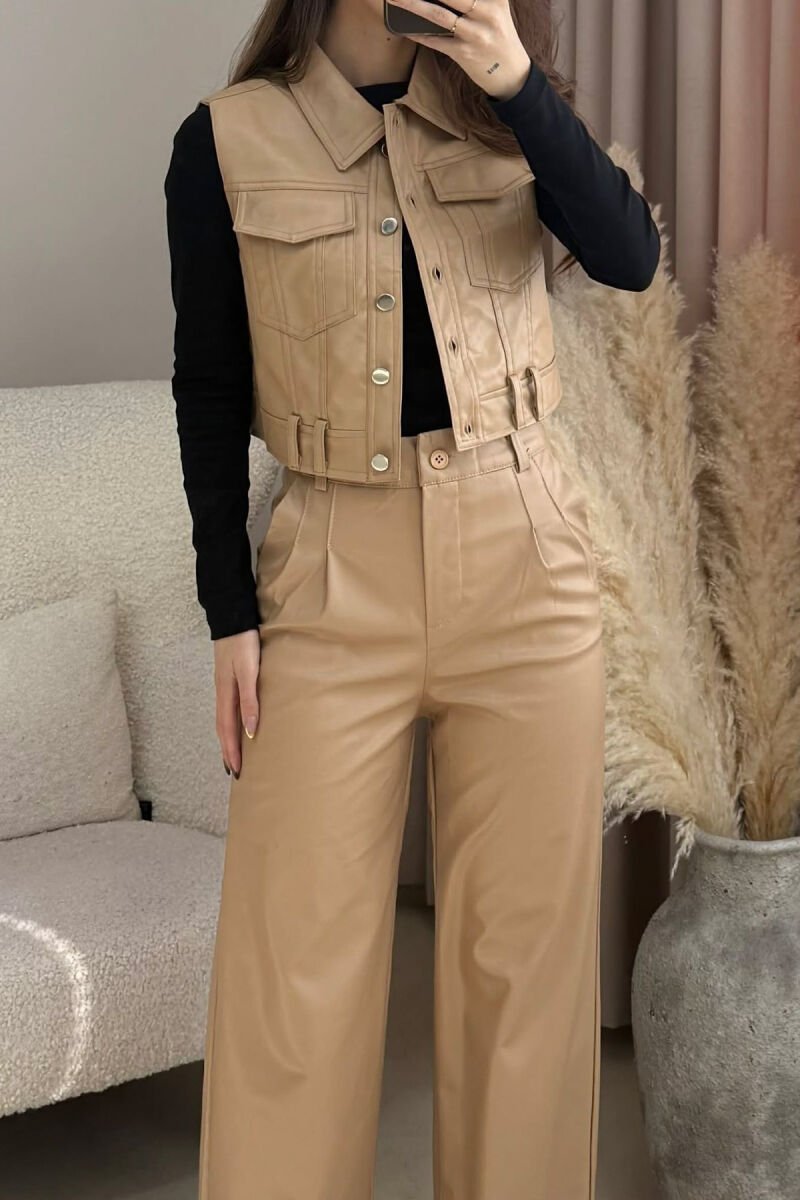 SET NJE NGJYRESH LEKURE JELEK + PANTALLONA PER FEMRA NE NGJYRE BEZHE - 3