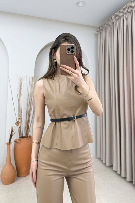SET NJE NGJYRESH LEKURE JELEK+ + PANTALLONA PER FEMRA NE NGJYRE BEZHE - 2