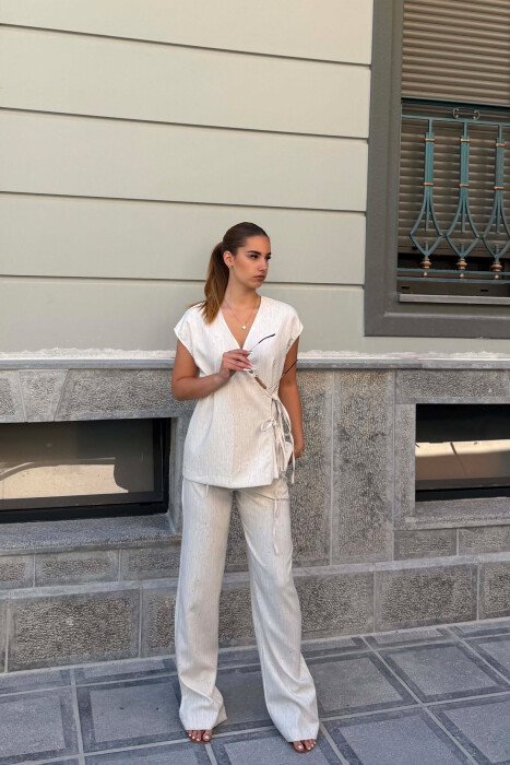 SET NJE NGJYRESH LEKURE JELEK+ + PANTALLONA PER FEMRA NE NGJYRE KREM - 5