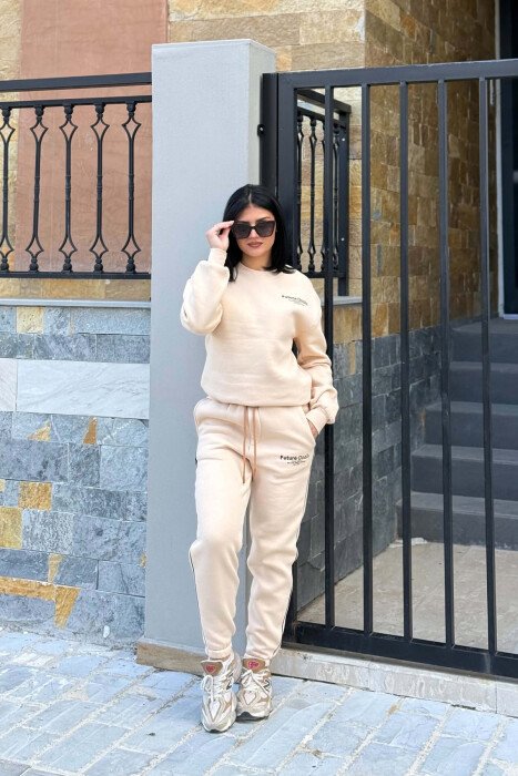 SET NJE NGJYRESH ME PUSH BLUZE ME SHKRIME + TUTA PER FEMRA NE NGJYRE BEZHE - KLAUDIO FASHION