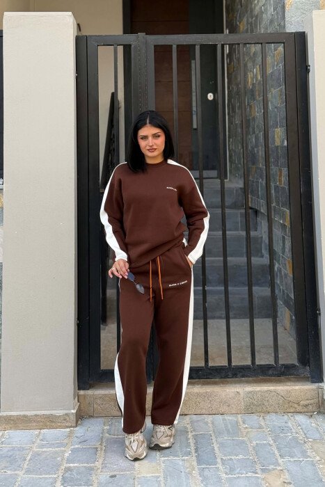 SET NJE NGJYRESH ME PUSH BLUZE ME SHKRIME TE VOGLA + TUTA PER FEMRA NE NGJYRE KAFE - KLAUDIO FASHION