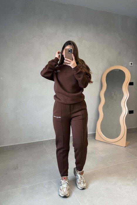 SET NJE NGJYRESH ME PUSH BLUZE + TUTA PER FEMRA NE NGJYRE KAFE - KLAUDIO FASHION