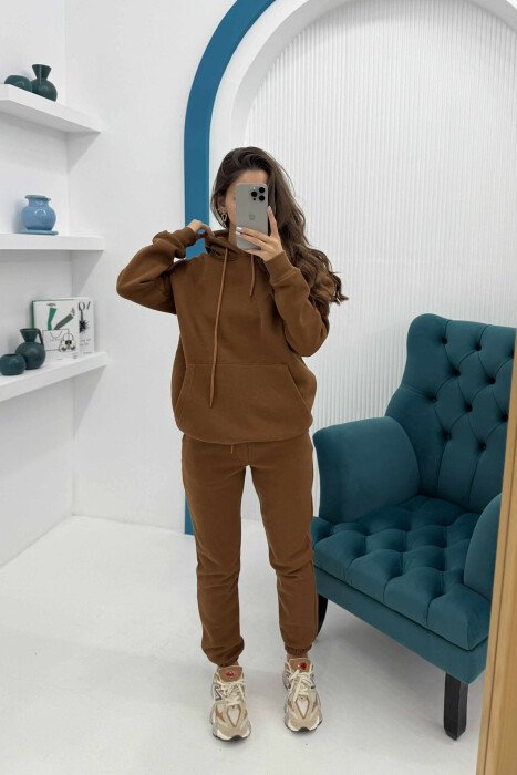 SET NJË NGJYRËSH ME PUSH HOODIE+TUTA PËR FEMRA NË NGJYRËN KAFE - 2