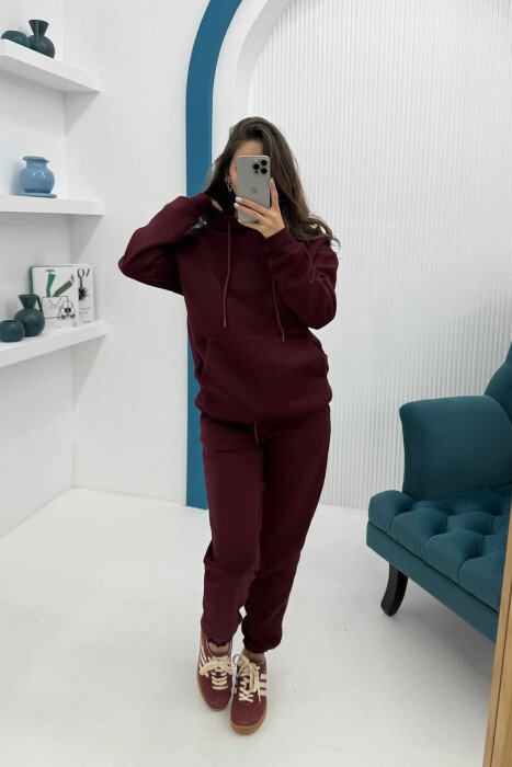 SET NJË NGJYRËSH ME PUSH HOODIE+TUTA PËR FEMRA NË NGJYRËN VISHNJË - 2