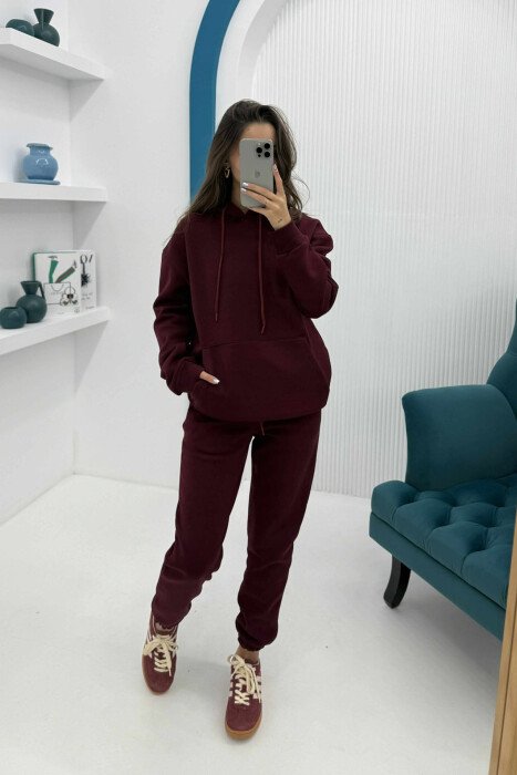 SET NJË NGJYRËSH ME PUSH HOODIE+TUTA PËR FEMRA NË NGJYRËN VISHNJË - 1