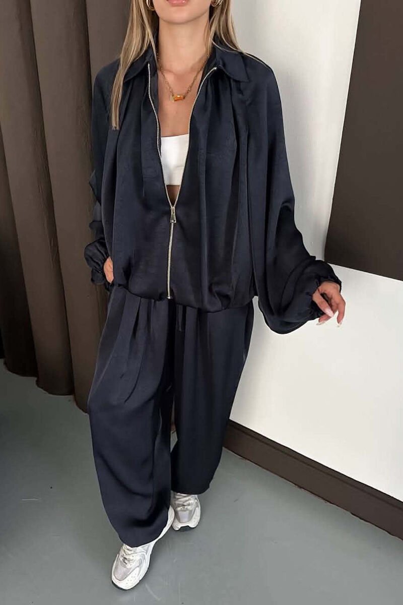 SET NJE NGJYRESH ME SHKELQIM XHAKETE + PANTALONA TE GJERA PER FEMRA NE NGJYRE BLU - 3