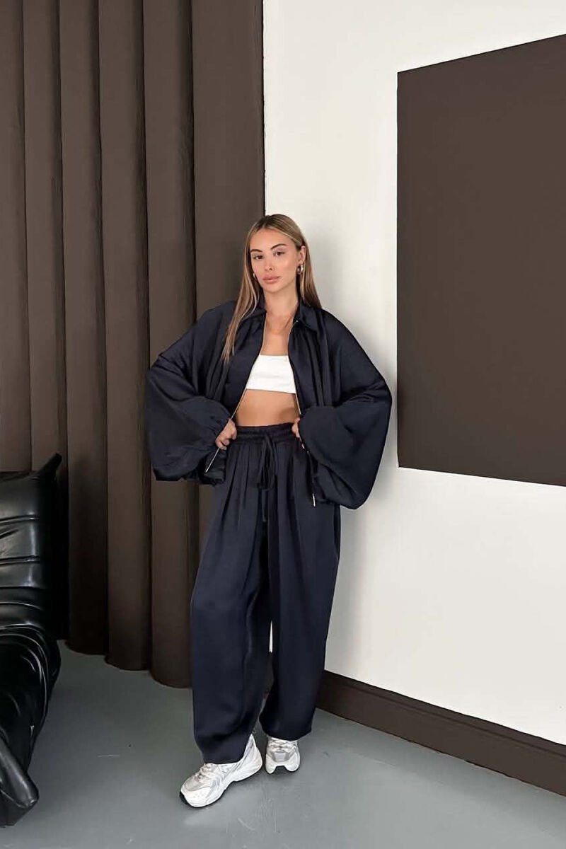 SET NJE NGJYRESH ME SHKELQIM XHAKETE + PANTALONA TE GJERA PER FEMRA NE NGJYRE BLU - 7