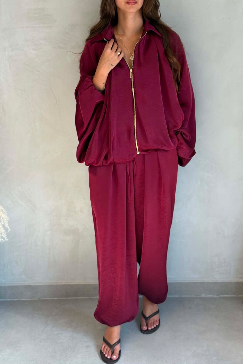 SET NJE NGJYRESH ME SHKELQIM XHAKETE + PANTALONA TE GJERA PER FEMRA NE NGJYRE VISHNJE - 4