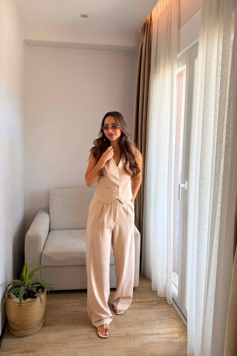 SET NJE NGJYRESH ME VIJA JELEK + PANTALLONA PER FEMRA NE NGJYRE BEZHE - 4