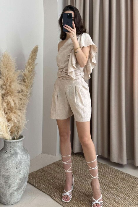 SET NJË NGJYRËSH PËR FEMRA CROP+PANTALLONA TË SHKURTRA NË NGJYRË BEZHË - 3