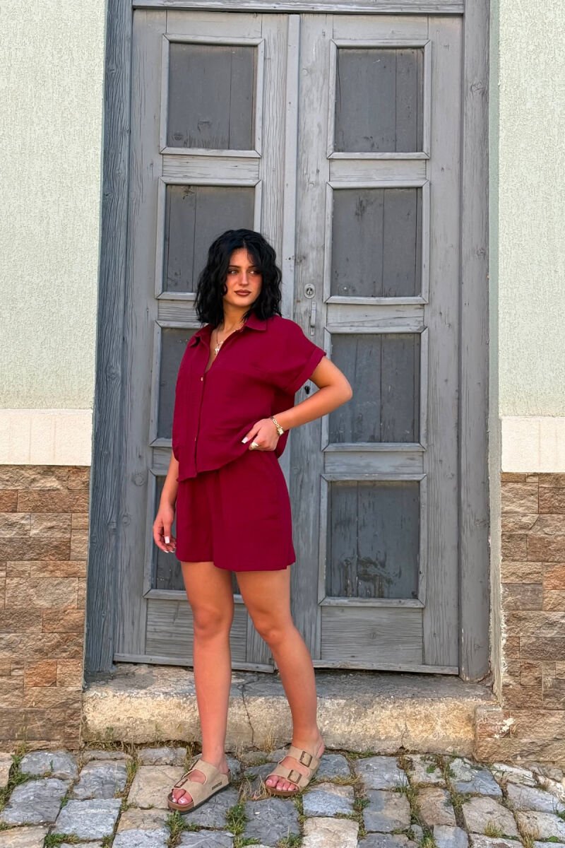 SET NJË NGJYRËSH KËMISHË+PANTALLONA TE SHKURTRA PËR FEMRA NË NGJYRËN VISHNJË - 4