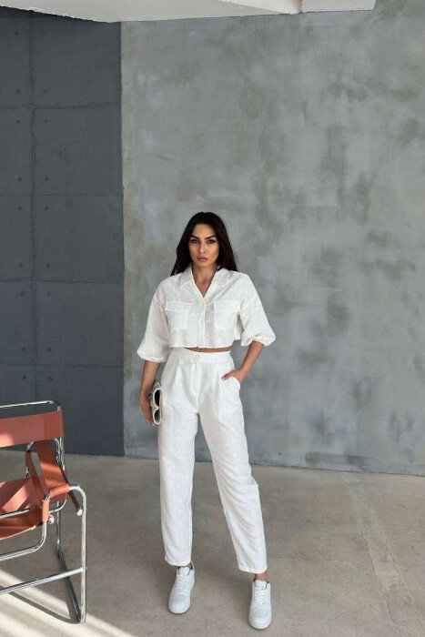 SET NJË NGJYRËSH KËMISHË E SHKURTËR+PANTALLONA PËR FEMRA NË NGJYRËN E BARDHË - KLAUDIO FASHION