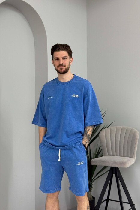 SET NJE NGJYRESH T-SHIRT ME SHKRIME + TUTA TE SHKURTRA PER MESHKUJ NE NGJYRE BLU - 2