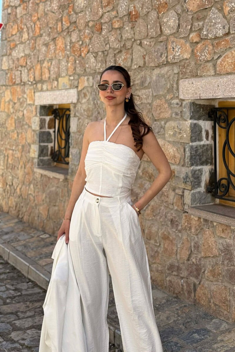 SET NJE NGJYRESH XHAKETE + CROP TOP + PANTALLONA PER FEMRA NE NGJYRE TE BARDHE - 4