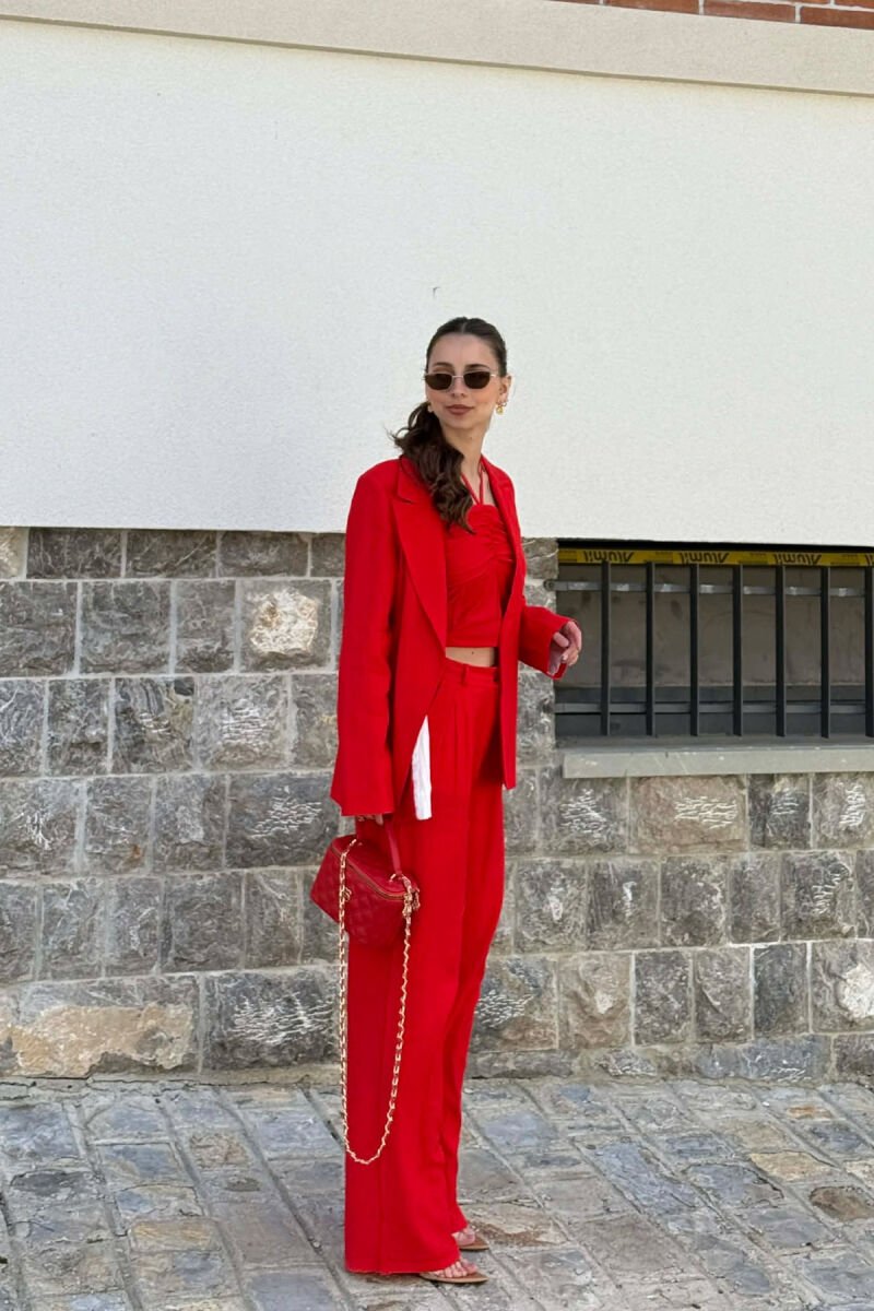SET NJE NGJYRESH XHAKETE + CROP TOP + PANTALLONA PER FEMRA NE NGJYRE TE KUQE - 4