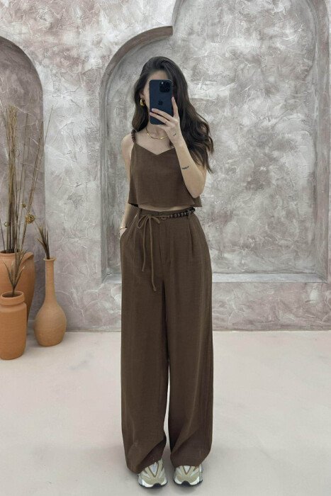 SET PËR FEMRA CROP DHE PANTALLONA NË NGJYRË KAFE - 1