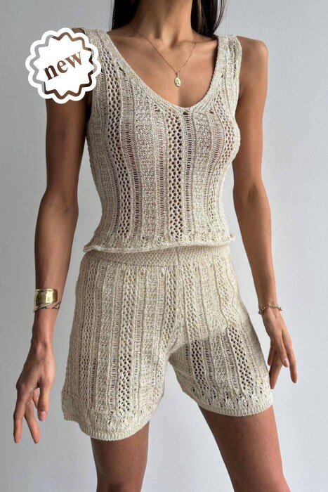 SET PËR FEMRA CROP DHE PANTALLONA TE SHKURTRA NË NGJYRË KREM - 6