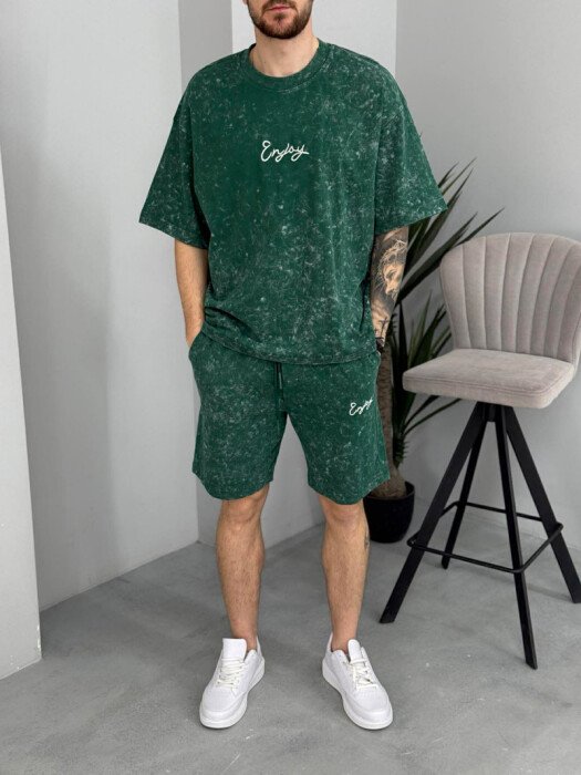 SET T-SHIRT ME SHKRIM PARA & PAS + TUTA TE SHKURTRA PER MESHKUJ NE NGJYRE JESHILE - 3