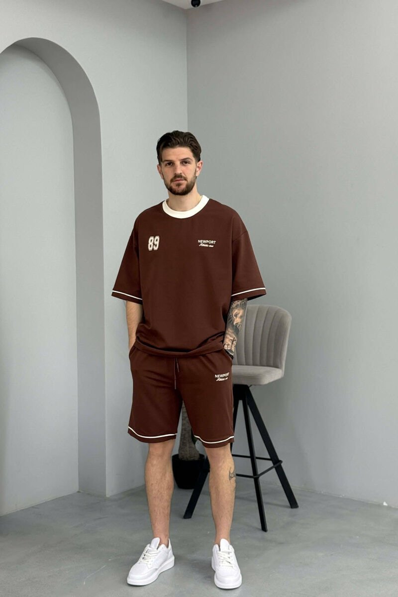 SET T-SHIRT ME SHKRIM PARA & PAS + TUTA TE SHKURTRA PER MESHKUJ NE NGJYRE KAFE - 1