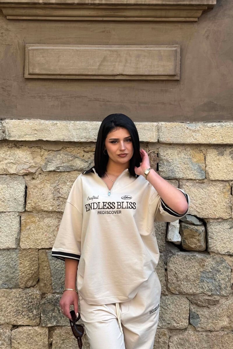 SET T-SHIRT ME SHKRIME DHE JAKE ME ZINXHIR + TUTA PER FEMRA NE NGJYRE BEZHE - 2