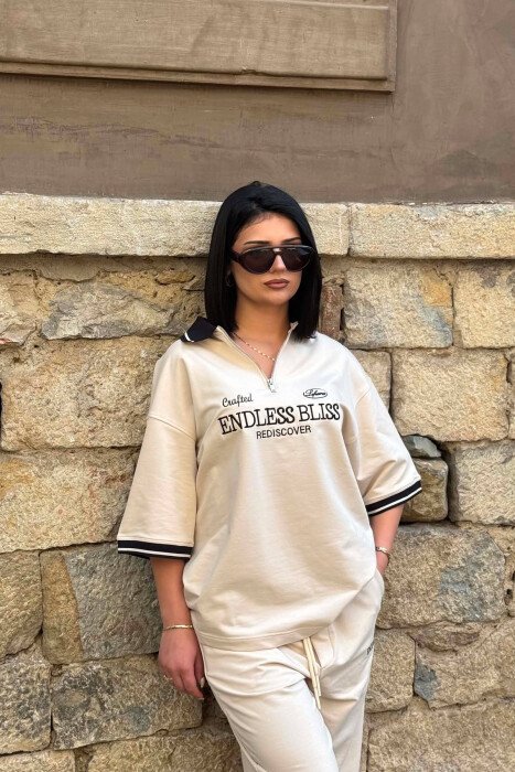 SET T-SHIRT ME SHKRIME DHE JAKE ME ZINXHIR + TUTA PER FEMRA NE NGJYRE BEZHE - 4
