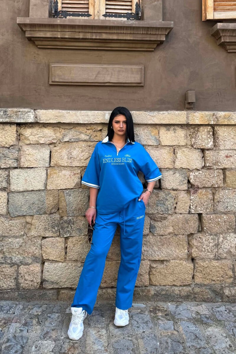 SET T-SHIRT ME SHKRIME DHE JAKE ME ZINXHIR + TUTA PER FEMRA NE NGJYRE BLU TE ZBARDHUR - 1