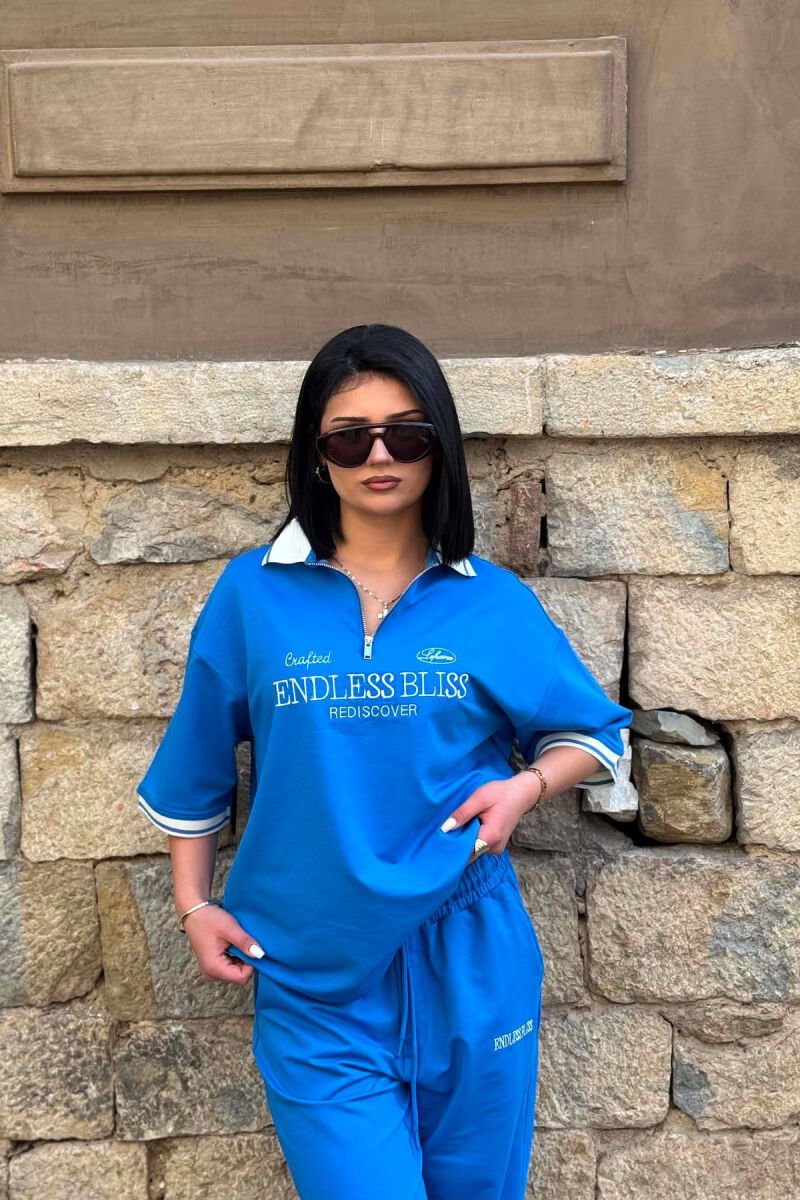 SET T-SHIRT ME SHKRIME DHE JAKE ME ZINXHIR + TUTA PER FEMRA NE NGJYRE BLU TE ZBARDHUR - 2