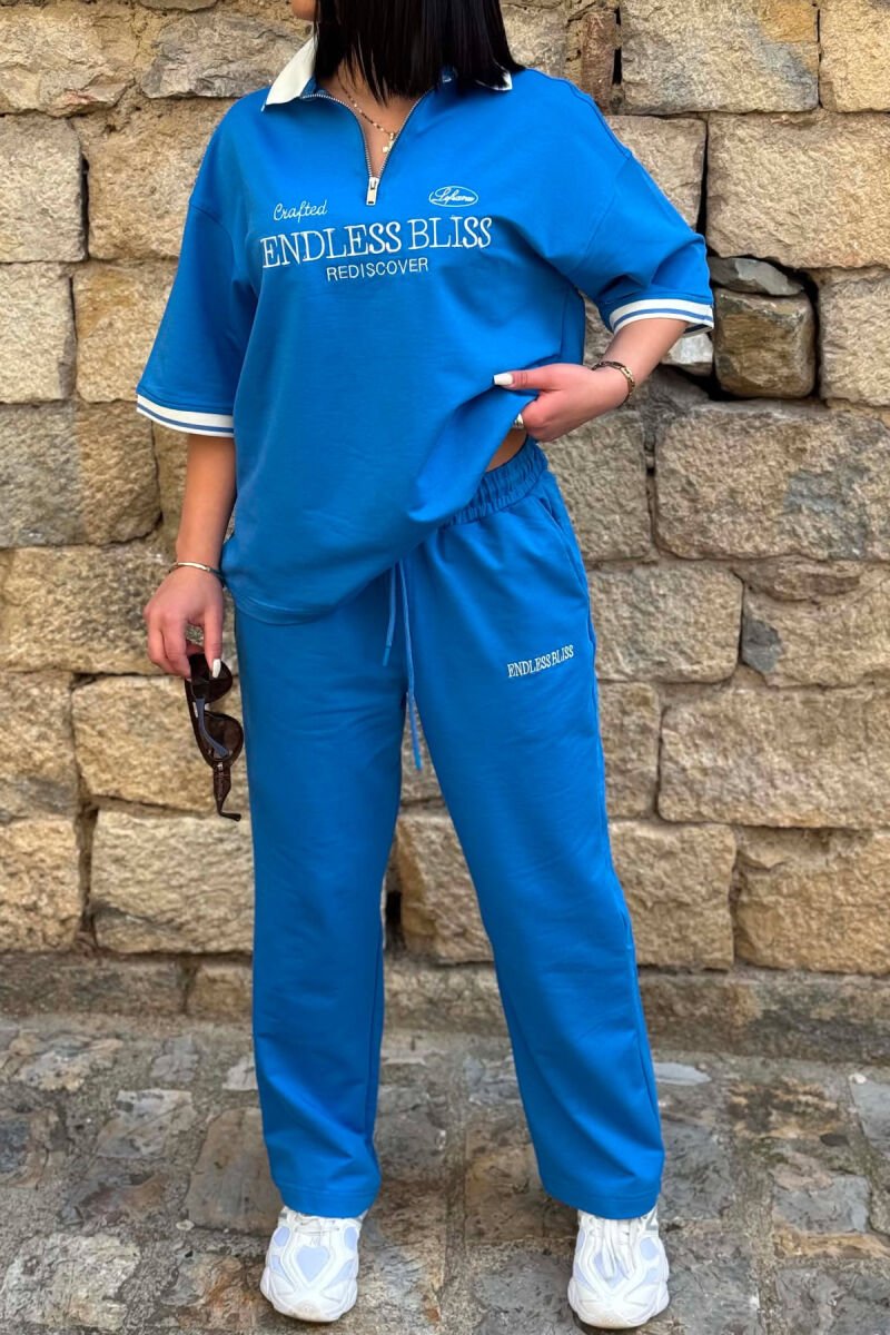 SET T-SHIRT ME SHKRIME DHE JAKE ME ZINXHIR + TUTA PER FEMRA NE NGJYRE BLU TE ZBARDHUR - 3