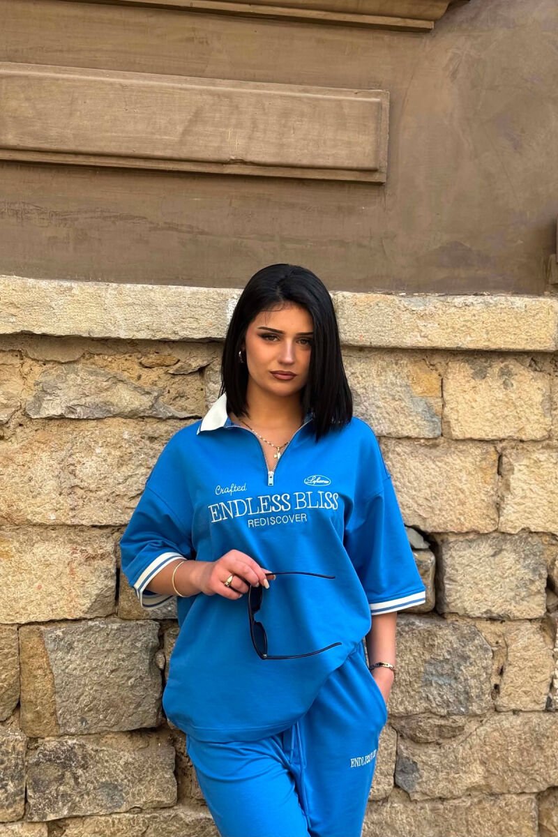SET T-SHIRT ME SHKRIME DHE JAKE ME ZINXHIR + TUTA PER FEMRA NE NGJYRE BLU TE ZBARDHUR - 4