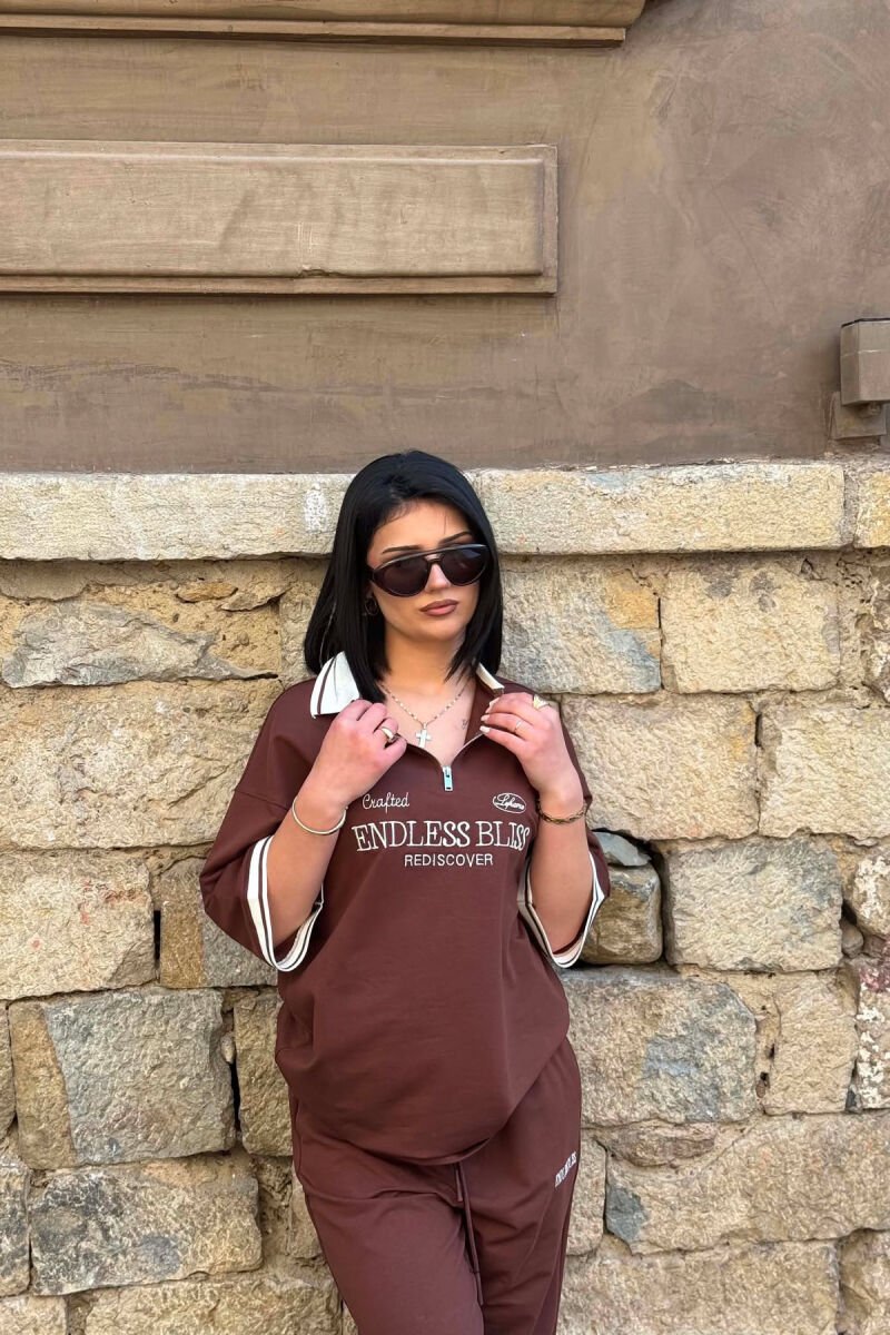 SET T-SHIRT ME SHKRIME DHE JAKE ME ZINXHIR + TUTA PER FEMRA NE NGJYRE KAFE - 4