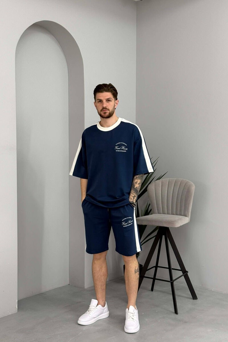 SET T-SHIRT ME SHKRIME TE VOGLA + TUTA TE SHKURTRA PER MESHKUJ NE NGJYRE BLU - 1