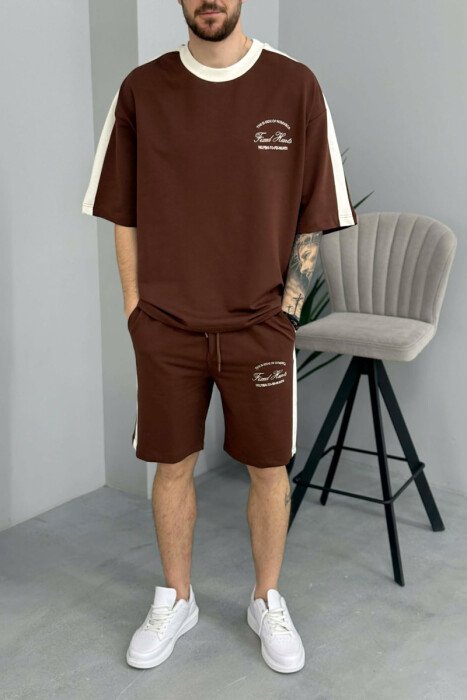SET T-SHIRT ME SHKRIME TE VOGLA + TUTA TE SHKURTRA PER MESHKUJ NE NGJYRE KAFE - 3