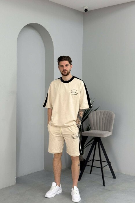 SET T-SHIRT ME SHKRIME TE VOGLA + TUTA TE SHKURTRA PER MESHKUJ NE NGJYRE KREM - 1