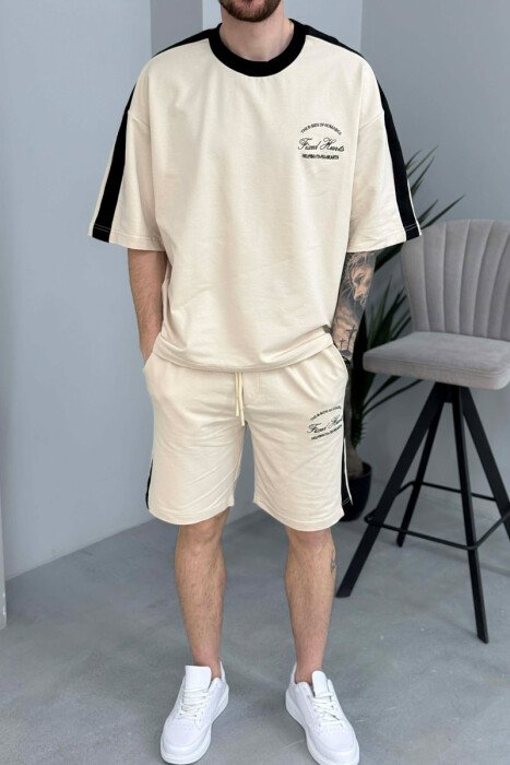 SET T-SHIRT ME SHKRIME TE VOGLA + TUTA TE SHKURTRA PER MESHKUJ NE NGJYRE KREM - 3