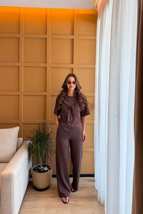 SET T-SHIRT+TUTA PER FEMRA NE NGJYRE KAFE - KLAUDIO FASHION