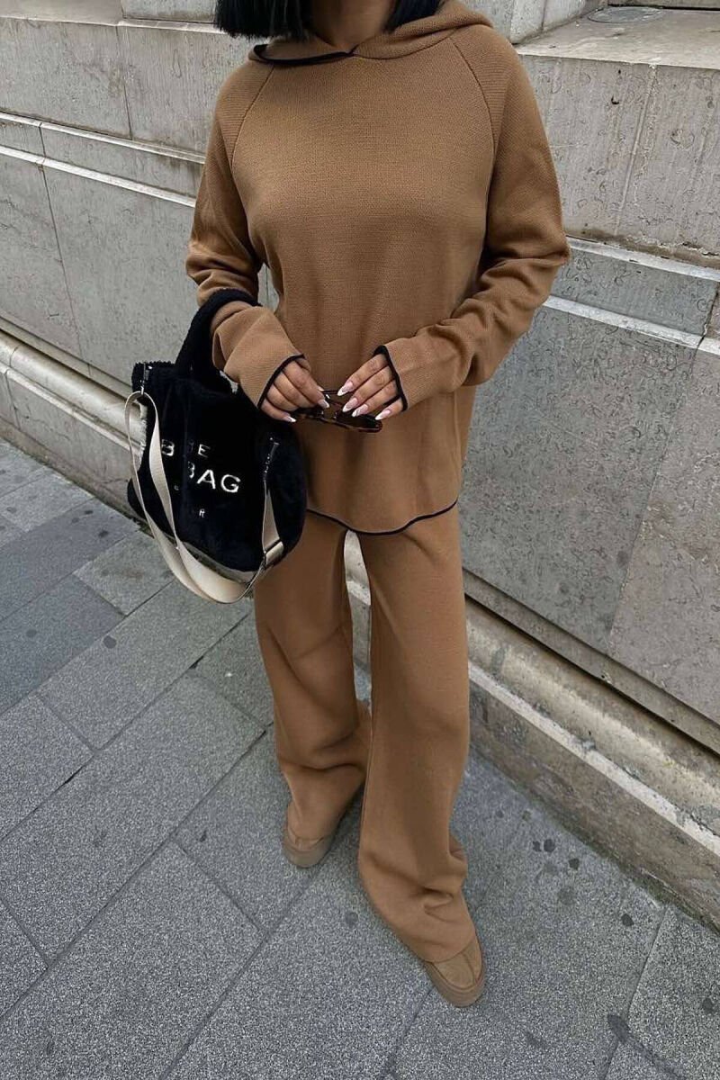HOODIED SWEATER+PANTS KNIT WOMAN SET BROWN/KAFE - 1