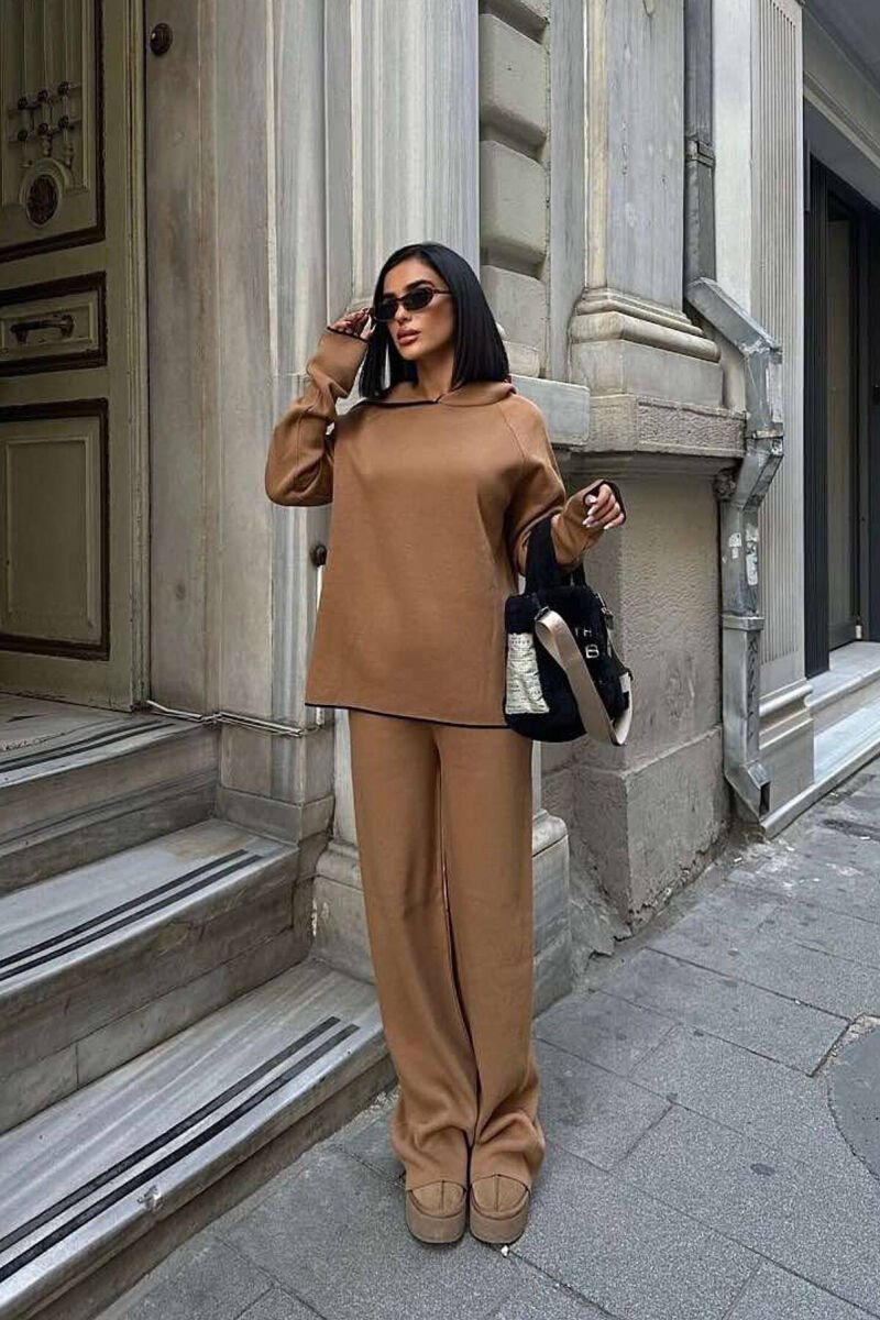 HOODIED SWEATER+PANTS KNIT WOMAN SET BROWN/KAFE - 4
