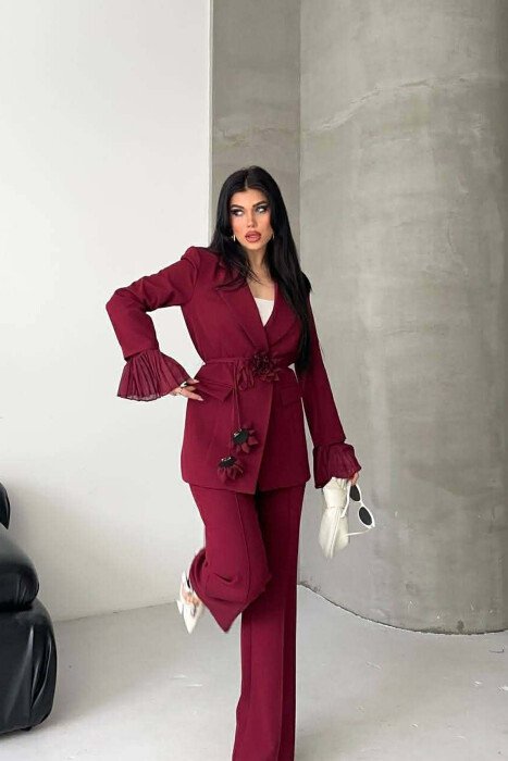 SET XHAKETE ME DETAJIN E LIDHESES ME LULE + PANTALLONA PER FEMRA NE NGJYRE VISHNJE - 10