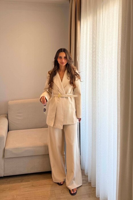 BELT DETAIL JACKET + ELASTIC WAIST TROUSERS WOMAN SET CREAM/KREM - KLAUDIO FASHION