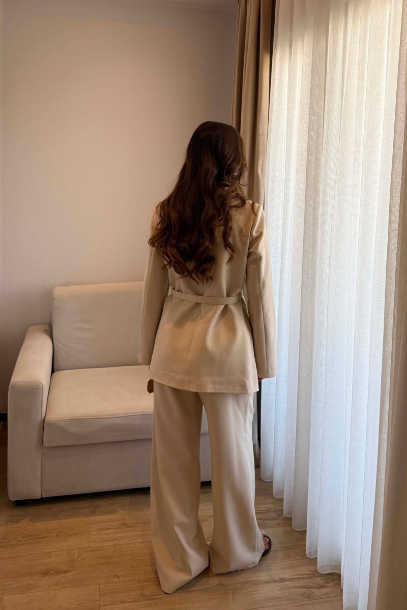 BELT DETAIL JACKET + ELASTIC WAIST TROUSERS WOMAN SET CREAM/KREM - 2
