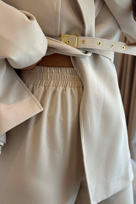 BELT DETAIL JACKET + ELASTIC WAIST TROUSERS WOMAN SET CREAM/KREM - 3
