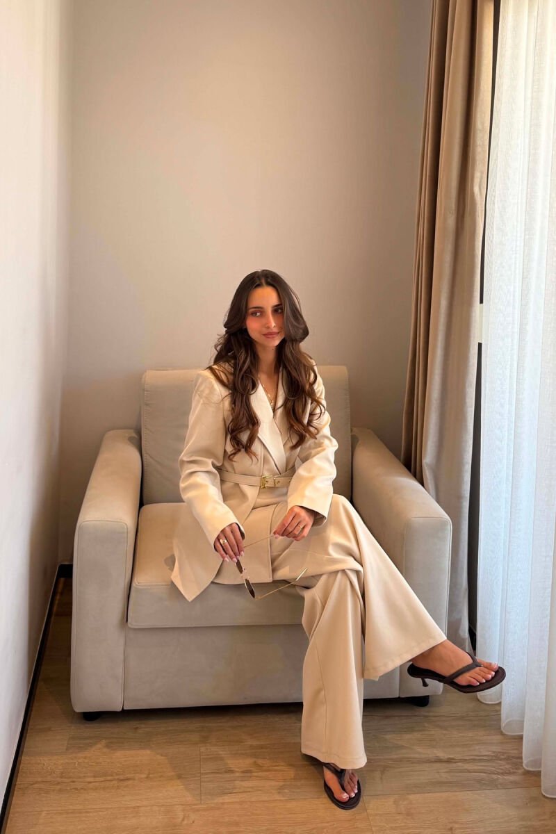 BELT DETAIL JACKET + ELASTIC WAIST TROUSERS WOMAN SET CREAM/KREM - 4