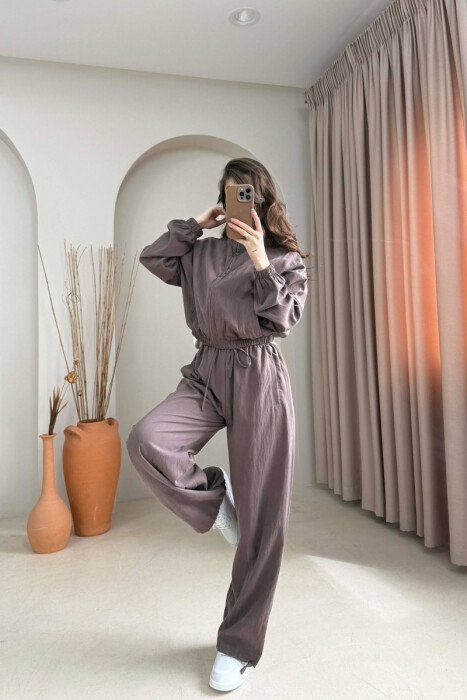 SET XHAKETE + PANTALLONA TE GJERA PER FEMRA NE NGJYRE KAFE - 2