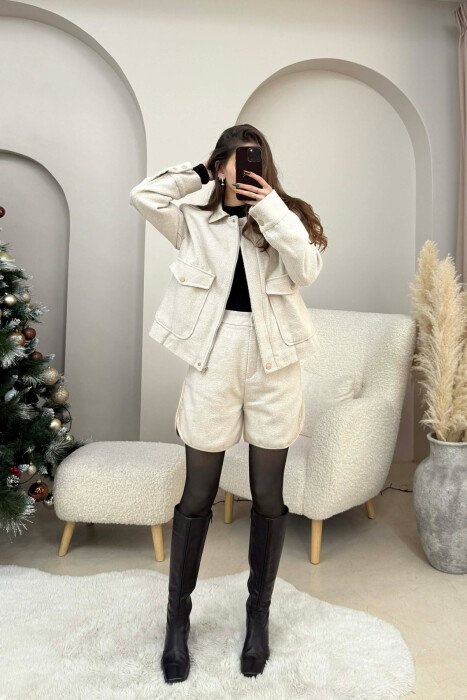 SET XHAKETE+PANTALLONA TE SHKURTA ME VIJA PER FEMRA NE NGJYRE BEZHE - 1